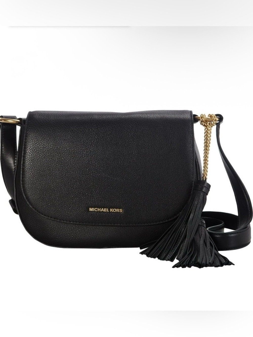 Michael Kors Elyse Saddle Bag Purse Black Leather with Gold Accents Classic